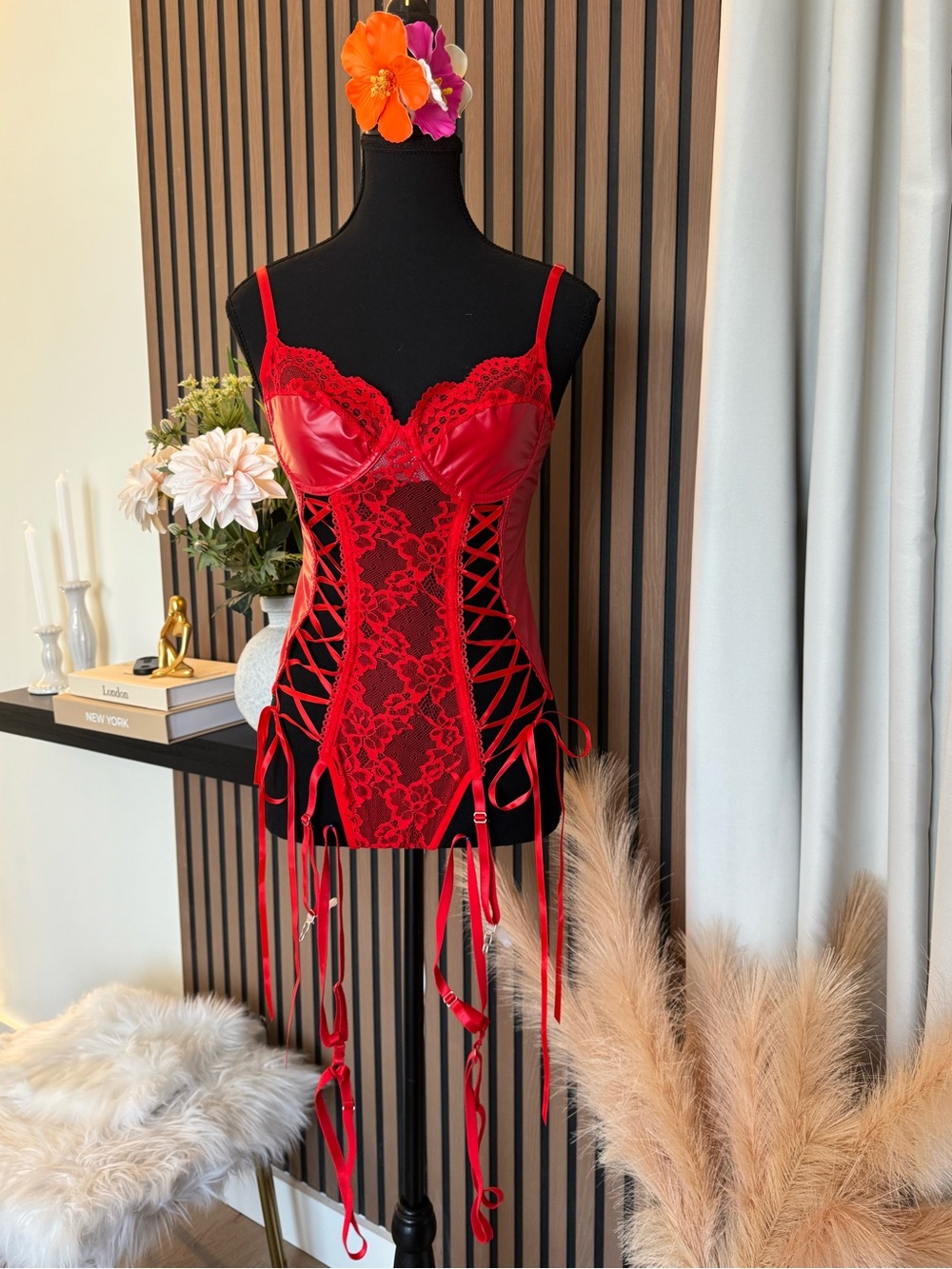 Red Lace & Satin Bustier Corset Garter Top